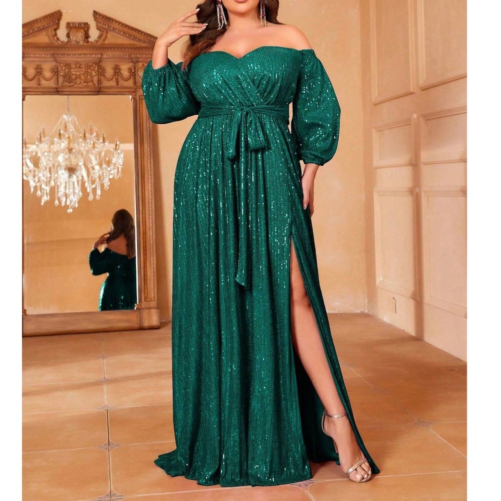 Plus Sequin Off Shoulder Belted 3/4 Sleeve Party Wedding Dress